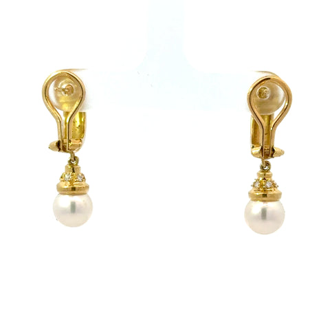 18K Yellow Gold Pearl and Diamond Earrings
